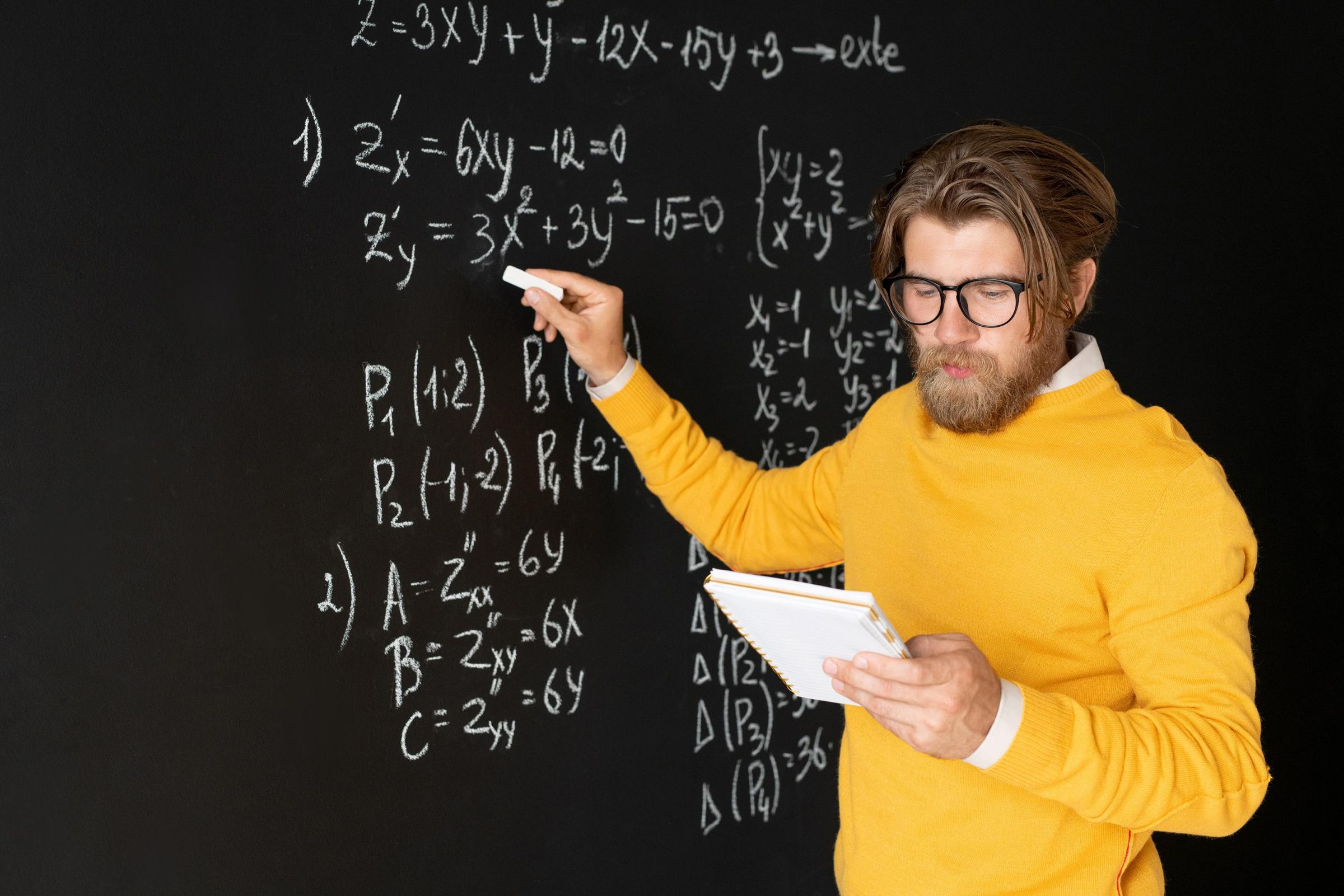 Math Education - Serious teacher pointing at equation on blackboard with piece of chalk